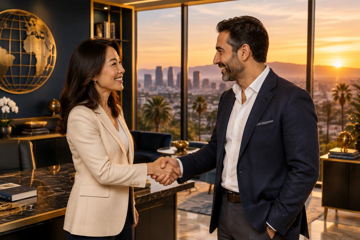 A Wilshire advisor shaking hands with an international investor in a Beverly Hills executive office at sunset